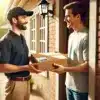 DALL·E 2024 12 11 18.43.01 A realistic scene with two men at a doorstep. One man is a professional courier handing over a plain package to the other man who is smiling and rece